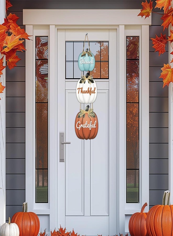 YUNKKIN Fall Door Decor Pumpkin Wall Decor with Raffia Bow Thanksgiving Wreath Blessed Grateful Thankful Sign Wooden Front Door Hanger for Harvest Thanksgiving Porch Indoor Outdoor Home Decorations - Image 3